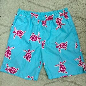 Peter Millar Aqua Shorts with Pink Turtle Design
